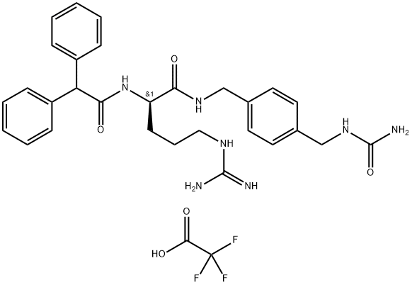 Benzeneacetamide, N-[(1R)-1-[[[[4-[[(aminocarbonyl)amino]methyl]phenyl]methyl]amino]carbonyl]-4-[(aminoiminomethyl)amino]butyl]-α-phenyl-, 2,2,2-trifluoroacetate (1:2) Structure