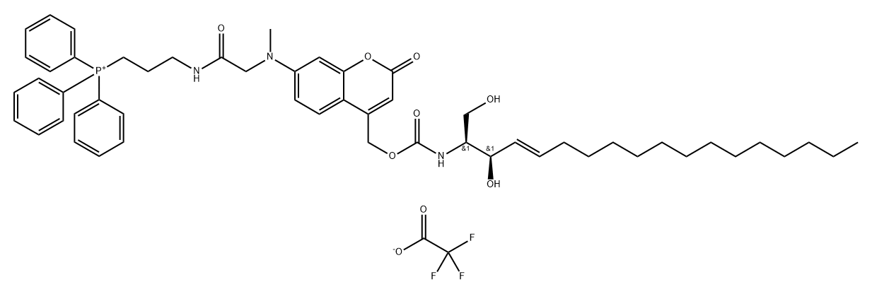 Phosphonium, [3-[[2-[[4-[[[[[(1S,2R,3E)-2-hydroxy-1-(hydroxymethyl)-3-heptadecen-1-yl]amino]carbonyl]oxy]methyl]-2-oxo-2H-1-benzopyran-7-yl]methylamino]acetyl]amino]propyl]triphenyl-, 2,2,2-trifluoroacetate (1:1) Struktur