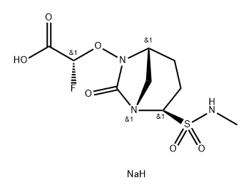 Acetic acid, 2-fluoro-2-[[(1S,2R,5R)-2-[(methyl amino)sulfonyl]-7-oxo-1,6-diazabicyclo[3.2.1] oct-6-yl]oxy]-, sodium salt (1:1), (2R)- Structure