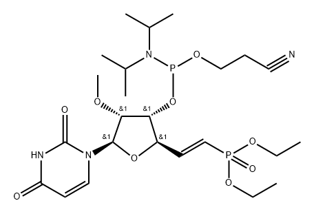 2,4(1H,3H)-Pyrimidinedione, 1-[(5E)-3-O-[[bis(1-methylethyl)amino](2-cyanoethoxy)phosphino]-5,6-dideoxy-6-(diethoxyphosphinyl)-2-O-methyl-β-D-ribo-hex-5-enofuranosyl]- Structure