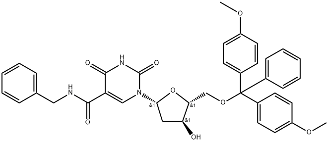 N-苄基-1-((2R,4S,5R)-5-((双(4-甲氧基苯基)(苯基)甲氧基)甲基)-4-羟基四氢呋喃-2-基)-2,4-DIOXO-1, 2,3,4-四氢嘧啶-5-甲酰胺, 2376782-97-5, 结构式