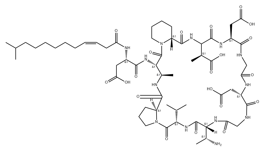 L-Proline, N-[(3Z)-11-methyl-1-oxo-3-dodecen-1-yl]-L-α-aspartyl-(2S,3R)-2,3-diaminobutanoyl-(2R)-2-piperidinecarbonyl-(3S)-3-methyl-L-α-aspartyl-L-α-aspartylglycyl-L-α-aspartylglycyl-(2R,3R)-2,3-diaminobutanoyl-L-valyl-, (11→2)-lactam Struktur