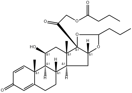 Pregna-1,4-diene-3,20-dione, 16,17-[butylidenebis(oxy)]-11-hydroxy-21-(1-oxobutoxy)-, (11β,16α)- Struktur