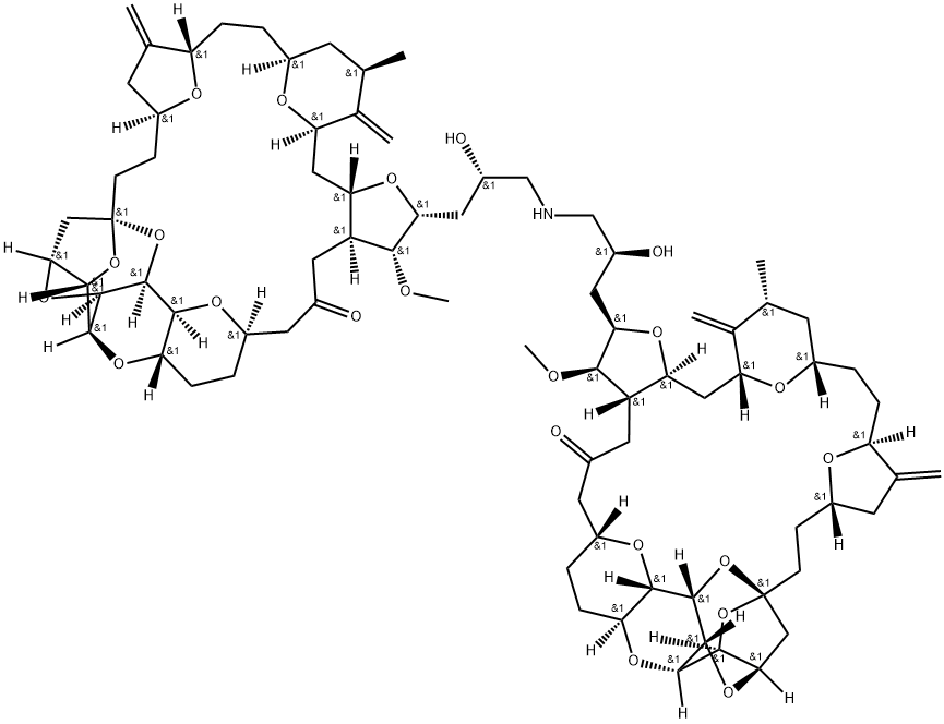 11,15:18,21:24,28-Triepoxy-7,9-ethano-12,15-methano-9H,15H-furo[3,2-i]furo[2',3':5,6]pyrano[4,3-b][1,4]dioxacyclopentacosin-5(4H)-one, 2,2'-[iminobis[(2S)-2-hydroxy-3,1-propanediyl]]bis[hexacosahydro-3-methoxy-26-methyl-20,27-bis(methylene)-, (2R,2'R,3R,3'R,3aS,3'aS,7R,7'R,8aS,8'aS,9S,9'S,10aR,10'aR... Struktur