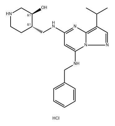 3-Piperidinol, 4-[[[3-(1-methylethyl)-7-[(phenylmethyl)amino]pyrazolo[1,5-a]pyrimidin-5-yl]amino]methyl]-, hydrochloride (1:1), (3S,4S)- (ACI) 结构式