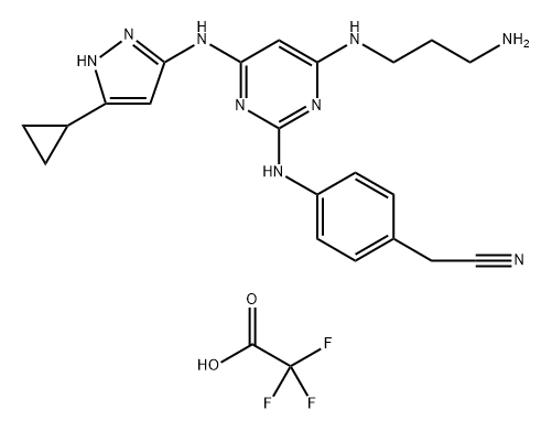 2-[4-({4-[(3-aminopropyl)amino]-6-[(5-cyclopropyl-1H-pyrazol-3-yl)amino]pyrimidin-2-yl}amino)phenyl]acetonitrile, bis(trifluoroacetic acid),2411195-73-6,结构式