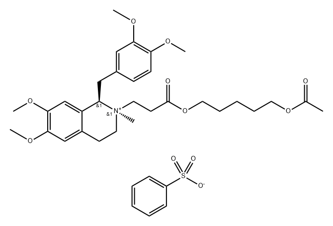 Isoquinolinium, 2-[3-[[5-(acetyloxy)pentyl]oxy]-3-oxopropyl]-1-[(3,4-dimethoxyphenyl)methyl]-1,2,3,4-tetrahydro-6,7-dimethoxy-2-methyl-, (1R,2R)-, benzenesulfonate (1:1) Struktur