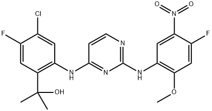 Benzenemethanol, 4-chloro-5-fluoro-2-[[2-[(4-fluoro-2-methoxy-5-nitrophenyl)amino]-4-pyrimidinyl]amino]-α,α-dimethyl- Struktur