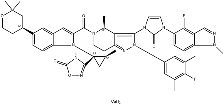 1,2,4-Oxadiazol-5(2H)-one, 3-[(1S,2S)-1-[2-[[(4S)-2-(4-fluoro-3,5-dimethylphenyl)-3-[3-(4-fluoro-1-methyl-1H-indazol-5-yl)-2,3-dihydro-2-oxo-1H-imidazol-1-yl]-2,4,6,7-tetrahydro-4-methyl-5H-pyrazolo[4,3-c]pyridin-5-yl]carbonyl]-5-[(4S)-tetrahydro-2,2-dimethyl-2H-pyran-4-yl]-1H-indol-1-yl]-2-methylcyclopropyl]-, calcium salt (2:1) 结构式