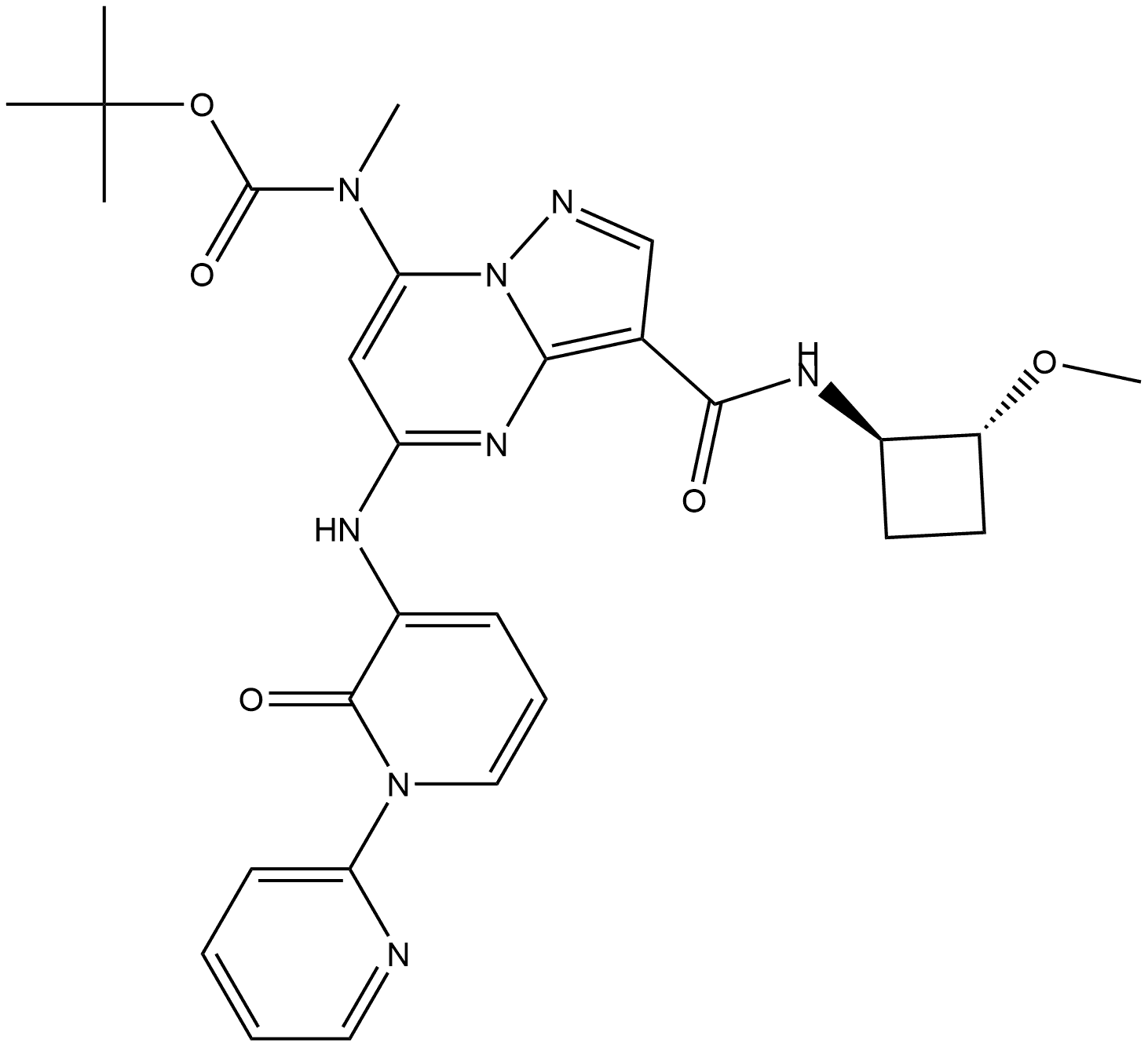 1,1-Dimethylethyl N-[3-[[[(1R,2R)-2-methoxycyclobutyl]amino]carbonyl]-5-[(2-oxo[1(6H),2′-bipyridin]-3-yl)amino]pyrazolo[1,5-a]pyrimidin-7-yl]-N-methylcarbamate,2416069-75-3,结构式