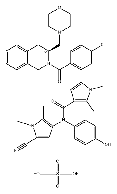 1H-Pyrrole-3-carboxamide, 5-[5-chloro-2-[[(3S)-3,4-dihydro-3-(4-morpholinylmethyl)-2(1H)-isoquinolinyl]carbonyl]phenyl]-N-(5-cyano-1,2-dimethyl-1H-pyrrol-3-yl)-N-(4-hydroxyphenyl)-1,2-dimethyl-, compd. with sulfurate (1:1) Structure