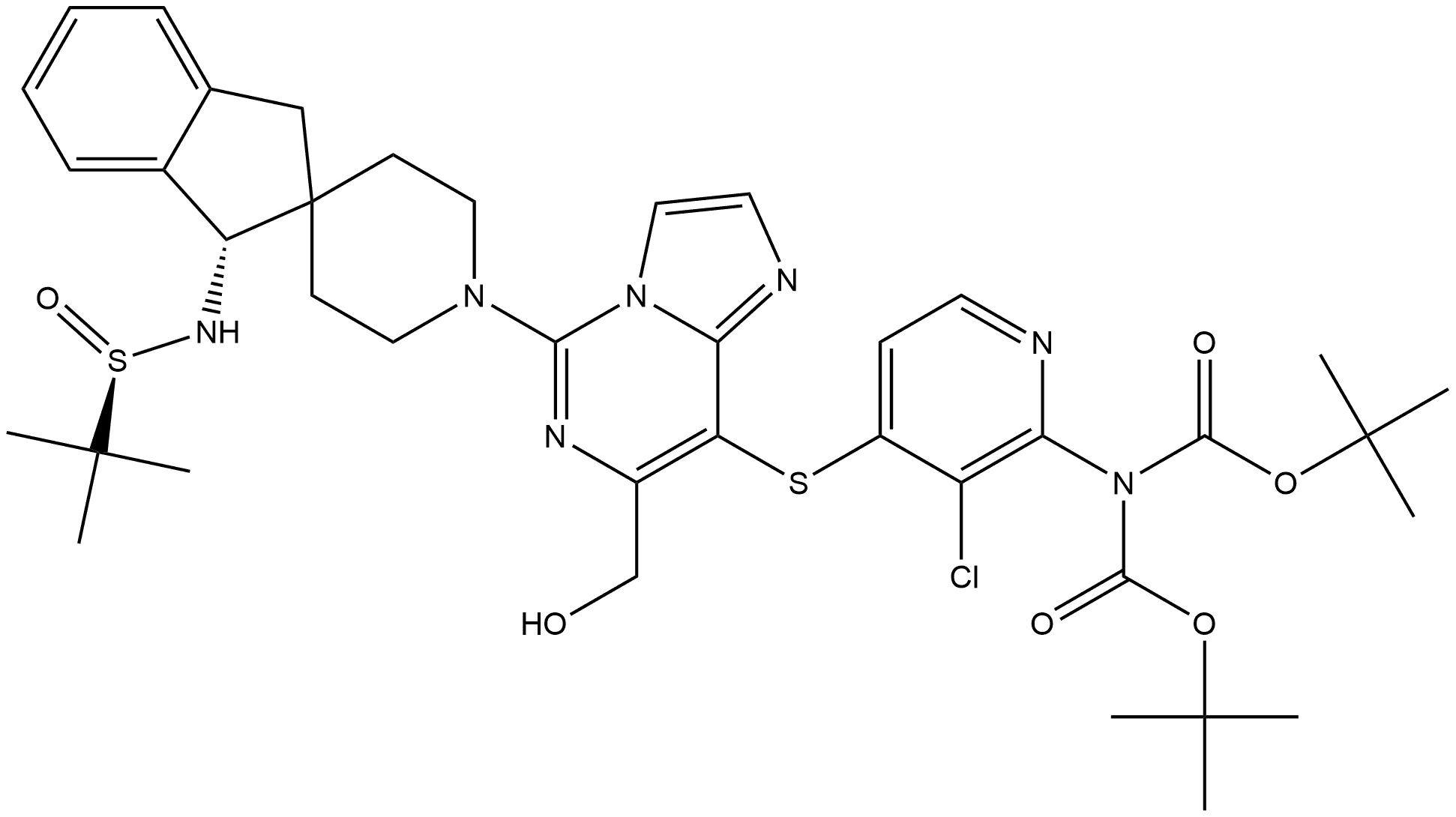 8-((2-di-tert-butoxycarbonylamino-(3-chloropyridin-4-yl)thio)-5-((1S)-1-((tert-butylsulfinyl)amino)-1,3-dihydrospiro[indene-2,4'-piperidin]-1'-yl)imidazo[1,2-c]pyrimidine-7-yl) methanol Structure