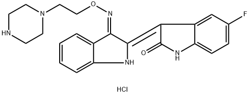 2H-Indol-2-one, 3-[(3E)-1,3-dihydro-3-[[2-(1-piperazinyl)ethoxy]imino]-2H-indol-2-ylidene]-5-fluoro-1,3-dihydro-, hydrochloride (1:1), (3Z)- Structure