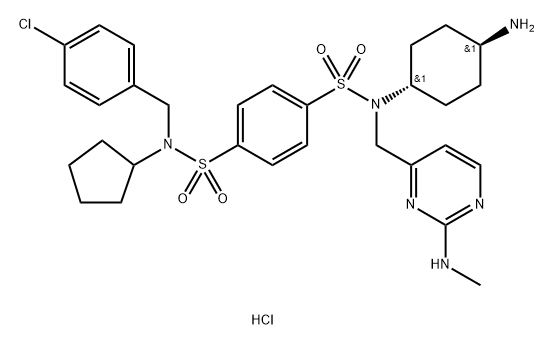 1,4-Benzenedisulfonamide, N1-(trans-4-aminocyclohexyl)-N4-[(4-chlorophenyl)methyl]-N4-cyclopentyl-N1-[[2-(methylamino)-4-pyrimidinyl]methyl]-, hydrochloride (1:1),2448341-55-5,结构式