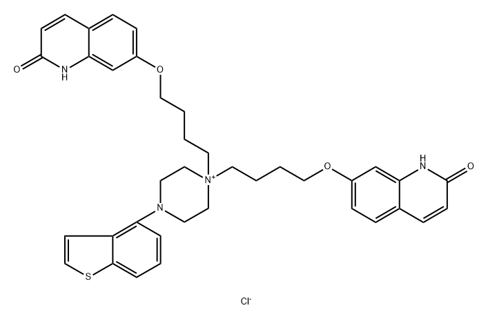 4-(benzo[b]thiophen-4-yl)-1,1-bis(4-((2-oxo-1,2-dihydroquinolin-7-yl)oxy)butyl)piperazin-1-ium chloride Struktur