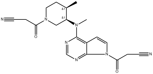 7H-Pyrrolo[2,3-d]pyrimidine-7-propanenitrile, 4-[[(3R,4R)-1-(2-cyanoacetyl)-4-methyl-3-piperidinyl]methylamino]-β-oxo- Struktur