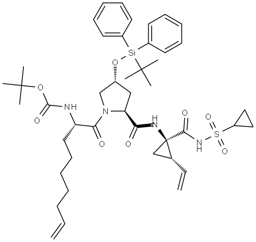 tert-butyl ((S)-1-((2S,4R)-4-((tert-butyldiphenylsilyl)oxy)-2-(((1R,2S)-1-((cyclopropylsulfonyl)carbamoyl)-2-vinylcyclopropyl)carbamoyl)pyrrolidin-1-yl)-1-oxonon-8-en-2-yl)carbamate Struktur