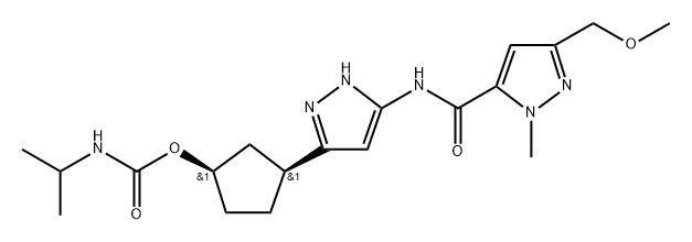 (1R,3S)-3-(5-(3-(甲氧基甲基)-1-甲基-1H-吡唑-5-甲酰胺基)-1H-吡唑-3-基)环戊基异丙基氨基甲酸酯,2460249-19-6,结构式