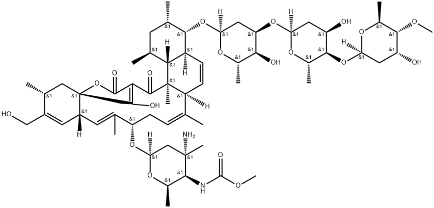 18H-16a,19-Metheno-16aH-benzo[b]naphth[2,1-j]oxacyclotetradecin-18,20(1H)-dione, 10-[[3-amino-2,3,4,6-tetradeoxy-4-[(methoxycarbonyl)amino]-3-C-methyl-β-D-xylo-hexopyranosyl]oxy]-4-[(O-2,6-dideoxy-4-O-methyl-β-L-ribo-hexopyranosyl-(1→4)-O-2,6-dideoxy-α-L-ribo-hexopyranosyl-(1→3)-2,6-dideoxy-α-L-ribo-hexopyranosyl)oxy]-2,3,4,4a,6a,9,10,12a,15,16,20a,20b-dodecahydro-21-hydroxy-14-(hydroxymethyl)-1,3,7,11,15,20a-hexamethyl-, (1S,3S,4S,4aS,6aS,7E,10S,11E,12aS,15R,16aS,20aS,20bR)- Struktur