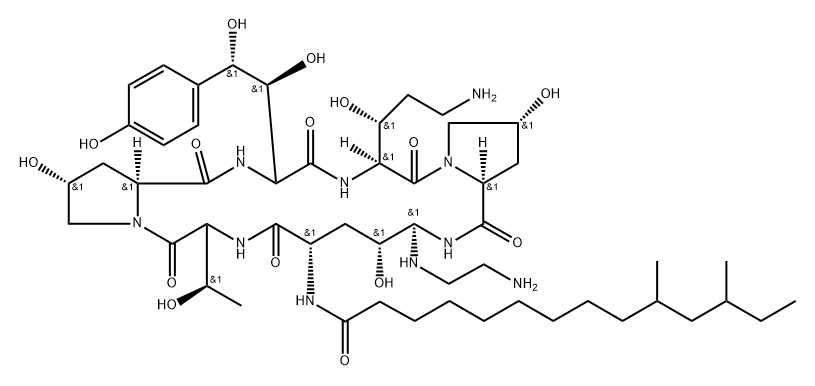Pneumocandin A0, 1-[(4R,5S)-5-[(2-aminoethyl)amino]-N2-(10,12-dimethyl-1-oxotetradecyl)-4-hydroxy-L-ornithine]-5-[(3R)-3-hydroxy-L-ornithine]-6-[(4R)-4-hydroxy-L-proline]- Struktur