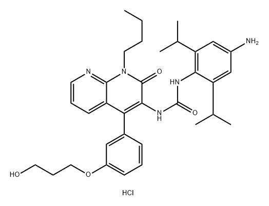 Urea, N-[4-amino-2,6-bis(1-methylethyl)phenyl]-N'-[1-butyl-1,2-dihydro-4-[3-(3-hydroxypropoxy)phenyl]-2-oxo-1,8-naphthyridin-3-yl]-, hydrochloride (1:1)|化合物 T28820