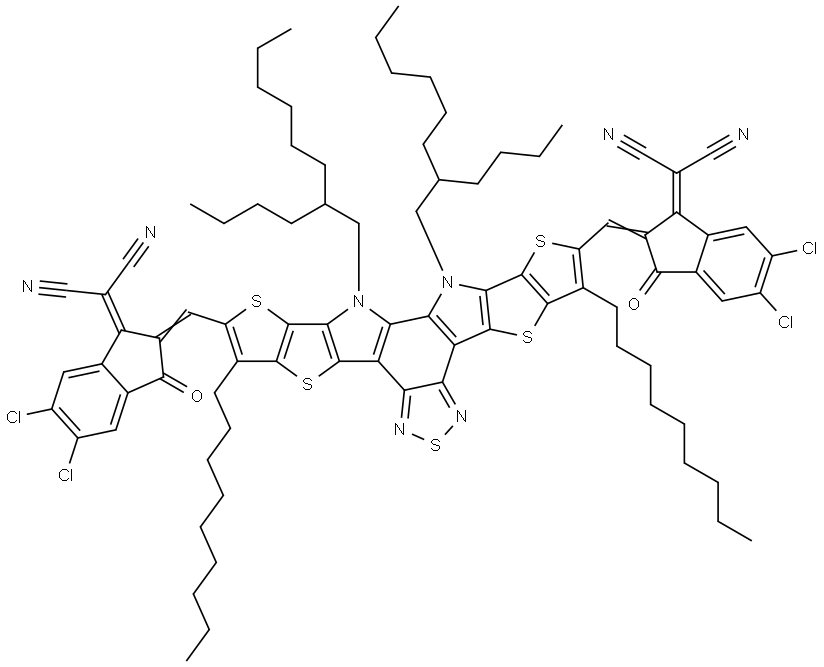 Propanedinitrile, 2,2′-[[12,13-bis(2-butyloctyl)-12,13-dihydro-3,9-dinonylbisthieno[2′′,3′′:4′,5′]thieno[2′,3′:4,5]pyrrolo[3,2-e:2′,3′-g][2,1,3]benzothiadiazole-2,10-diyl]bis[methylidyne(5,6-dichloro-3-oxo-1H-indene-2,1(3H)-diylidene)]]bis- Structure