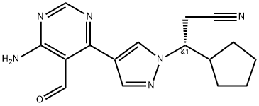 1H-Pyrazole-1-propanenitrile, 4-(6-amino-5-formyl-4-pyrimidinyl)-β-cyclopentyl-, (βR)- Structure