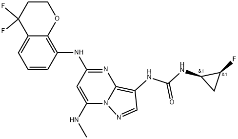 Urea,N-[5-[(4,4-difluoro-3,4-dihydro-2H-1-benzopyran-8-yl)amino]-7-(methylamino)pyrazolo[1,5-a]pyrimidin-3-yl]-N'-[(1R,2S)-2-fluorocyclopropyl]- 化学構造式
