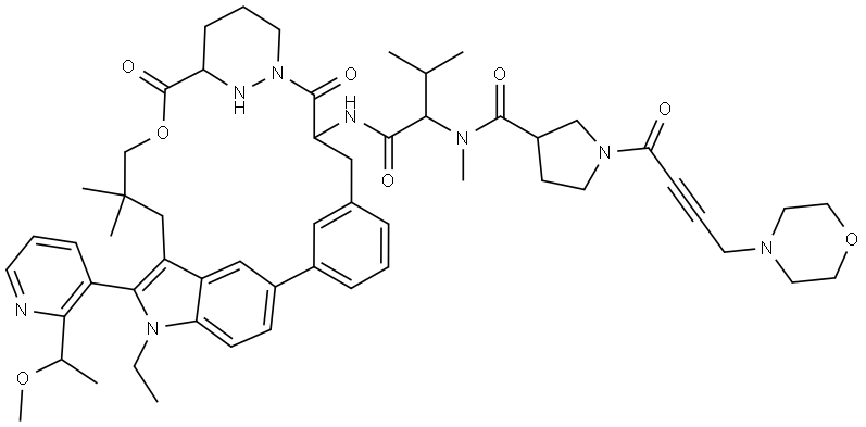 N-{22-ethyl-21-[2-(1-methoxyethyl)pyridin-3-yl]-18,18-dimethyl-9,15-dioxo-16-oxa-10,22,28-triazapentacyclo[18.5.2.12,?.11?,1?.023,2?]nonacosa-1(26),2(29),3,5,20,23(27),24-heptaen-8-yl}-3-methyl-2-(N-methyl-1-{1-[4-(morpholin-4-yl)but-2-ynoyl]pyrrolidin-3-yl}formamido)butanamide Struktur