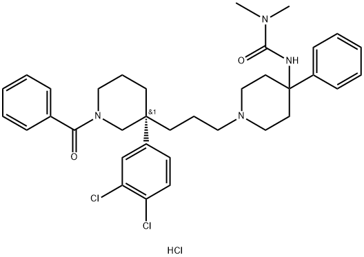 N1-[1-3-[(3R)-1-Benzoyl-3-(3-(3,4-dichlorophenyl)-3-piperidinyl]propyl]-4-phenyl-piperidinyl]-N,N-dimethylurea  hydrochloride 化学構造式