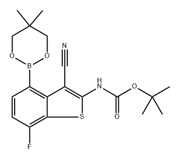 叔丁基(3-氰基-4-(5,5-二甲基-1,3,2-二氧杂硼酸-2-基)-7-氟苯并[B]噻吩-2-基)氨基甲酸叔丁酯 结构式
