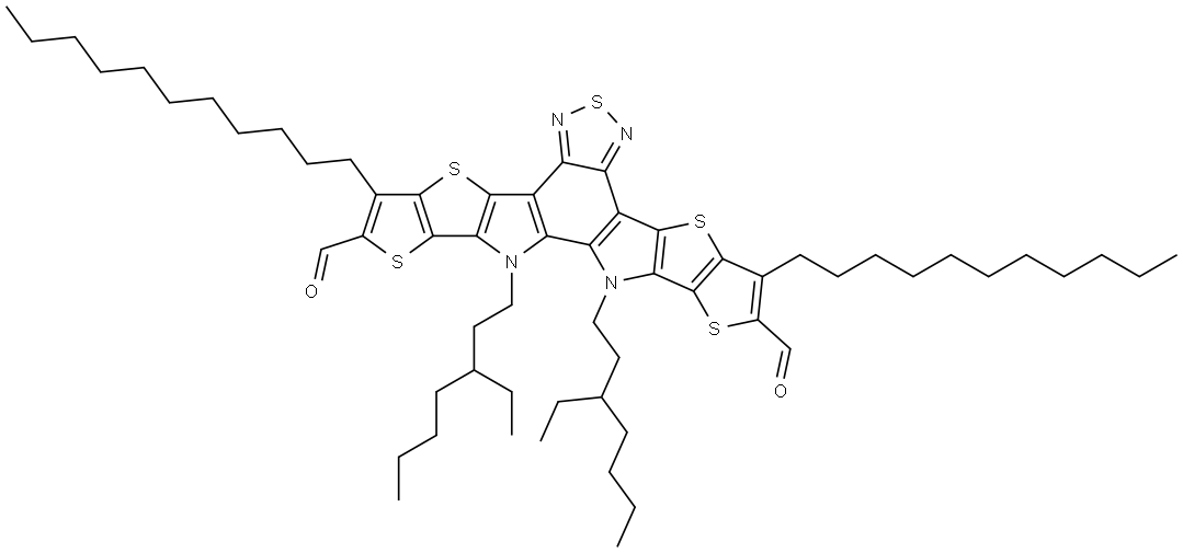 12,13-Bis(3-ethylheptyl)-3,9-diundecyl-12,13-dihydro-[1,2,5]thiadiazolo[3,4-e]thieno[2'',3'':4',5']thieno[2',3':4,5]pyrrolo[3,2-g]thieno[2',3':4,5]thieno[3,2-b]indole-2,10-dicarbaldehyde Struktur