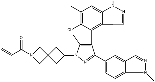 2-Propen-1-one, 1-[6-[(4R)-4-(5-chloro-6-methyl-1H-indazol-4-yl)-5-methyl-3-(1-methyl-1H-indazol-5-yl)-1H-pyrazol-1-yl]-2-azaspiro[3.3]hept-2-yl]- Struktur