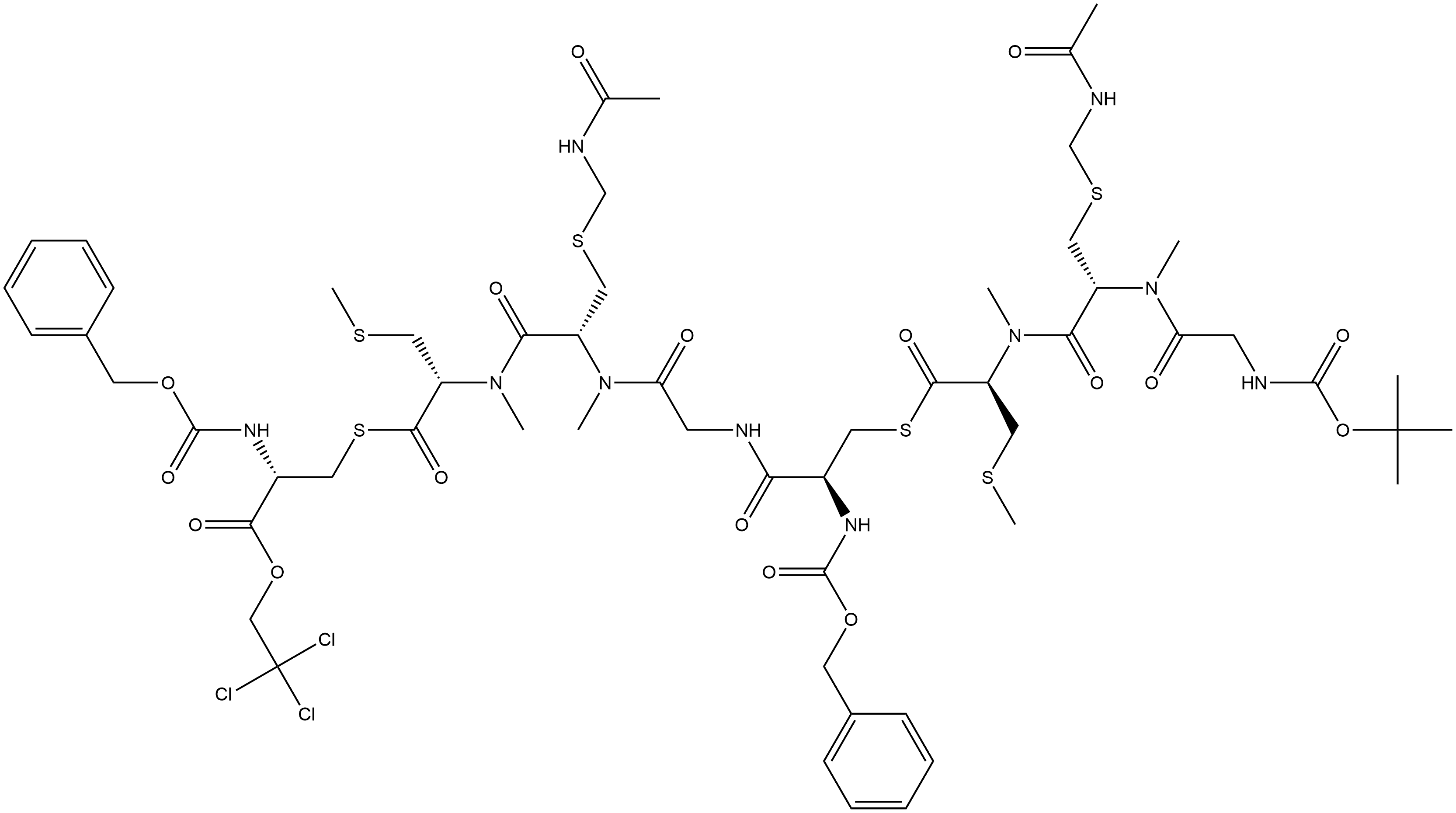 L-Cysteine, S-[N-[(1,1-dimethylethoxy)carbonyl]glycyl-S-[(acetylamino)methyl]-N-methyl-L-cysteinyl-N,S-dimethyl-L-cysteinyl]-N-[(phenylmethoxy)carbonyl]-D-cysteinylglycyl-S-[(acetylamino)methyl]-N-methyl-L-cysteinyl-N,S-dimethylthio-, S-ester with N-[(phenylmethoxy)carbonyl]-D-cysteine 2,2,2-trichloroethyl ester Struktur