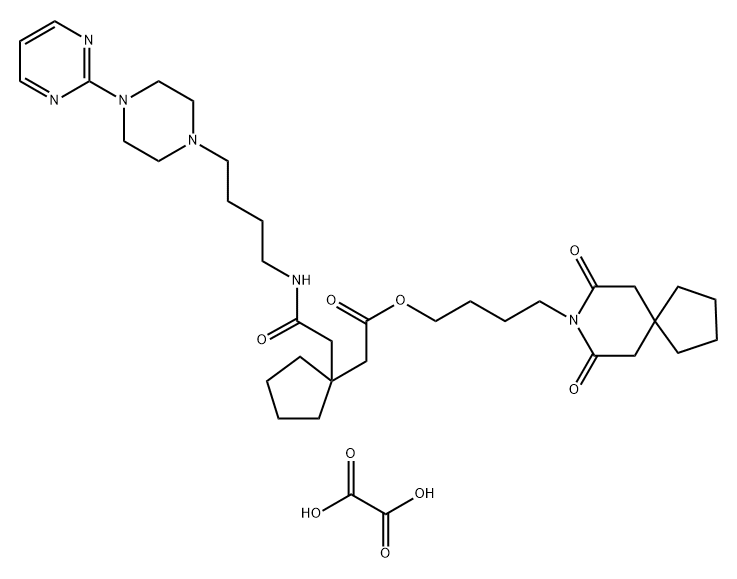 Cyclopentaneacetic acid, 1-[2-oxo-2-[[4-[4-(2-pyrimidinyl)-1-piperazinyl]butyl]amino]ethyl]-, 4-(7,9-dioxo-8-azaspiro[4.5]dec-8-yl)butyl ester, ethanedioate (1:1) Struktur