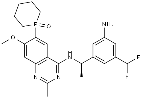 4-Quinazolinamine, N-[(1R)-1-[3-amino-5-(difluoromethyl)phenyl]ethyl]-7-methoxy-2-methyl-6-[(1-oxido-2-phosphorinanyl)(1-oxido-6-phosphorinanyl)phosphinyl]- Struktur
