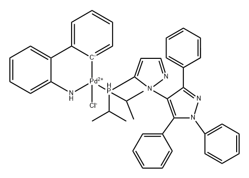 氯[5-二异丙基膦-1',3',5'-三苯基-1,4'-二-1H-吡唑](2'-氨基-1,1'-联苯-2-基)钯(II) 结构式