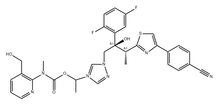 4H-1,2,4-Triazolium, 1-[(2R,3R)-3-[4-(4-cyanophenyl)-2-thiazolyl]-2-(2,5-difluorophenyl)-2-hydroxybutyl]-4-[1-[[[[3-(hydroxymethyl)-2-pyridinyl]methylamino]carbonyl]oxy]ethyl]- Structure