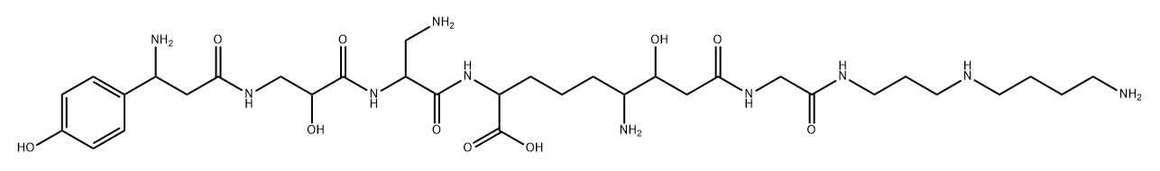 Glycinamide,N8-[(3S)-3-(4-hydroxyphenyl)-b-alanyl-(2S)-2-hydroxy-b-alanyl-3-amino-L-alanyl]-(3R,4S,8R)-4,8-diamino-8-carboxy-3-hydroxyoctanoyl-N-[3-[(4-aminobutyl)amino]propyl]-(9CI) Struktur