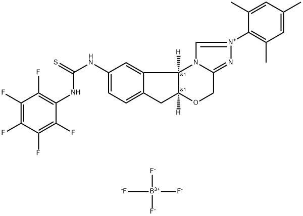 4H,6H-Indeno[2,1-b][1,2,4]triazolo[4,3-d][1,4]oxazinium, 5a,10b-dihydro-9-[[[(2,3,4,5,6-pentafluorophenyl)amino]thioxomethyl]amino]-2-(2,4,6-trimethylphenyl)-, (5aS,10bR)-, tetrafluoroborate(1-) (1:1) Structure