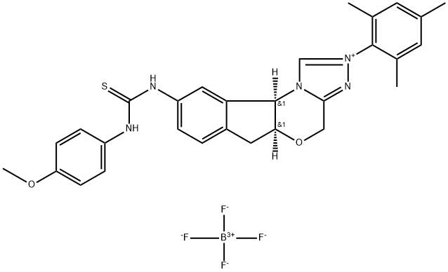 4H,6H-Indeno[2,1-b][1,2,4]triazolo[4,3-d][1,4]oxazinium, 5a,10b-dihydro-9-[[[(4-methoxyphenyl)amino]thioxomethyl]amino]-2-(2,4,6-trimethylphenyl)-, (5aS,10bR)-, tetrafluoroborate(1-) (1:1) Structure