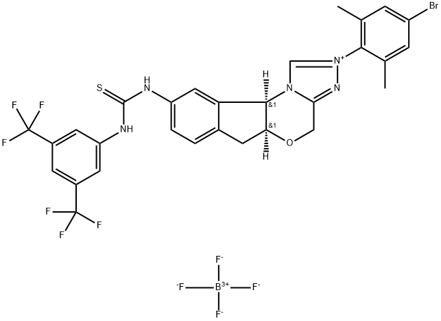 4H,6H-Indeno[2,1-b][1,2,4]triazolo[4,3-d][1,4]oxazinium, 9-[[[[3,5-bis(trifluoromethyl)phenyl]amino]thioxomethyl]amino]-2-(4-bromo-2,6-dimethylphenyl)-5a,10b-dihydro-, (5aS,10bR)-, tetrafluoroborate(1-) (1:1) Structure