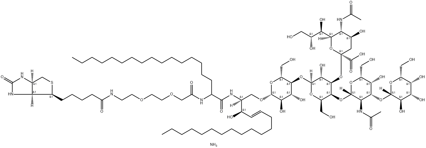 1H-Thieno[3,4-d]imidazole-4-pentanamide, N-[(13S,14R,15E)-13-[[[O-β-D-galactopyranosyl-(1→3)-O-2-(acetylamino)-2-deoxy-β-D-galactopyranosyl-(1→4)-O-[N-acetyl-α-neuraminosyl-(2→3)]-O-β-D-galactopyranosyl-(1→4)-β-D-glucopyranosyl]oxy]methyl]-10-hexadecyl-14-hydroxy-8,11-dioxo-3,6-dioxa-9,12-diazanonacos-15-en-1-yl]hexahydro-2-oxo-, ammonium salt (1:1), (3aS,4S,6aR)- Struktur