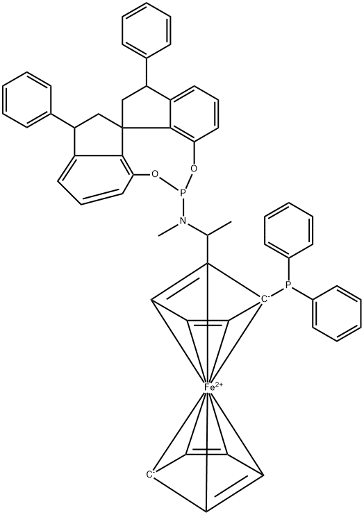 Ferrocene, 1-(diphenylphosphino)-2-[(1S)-1-[methyl[(10S,11aR,13S)-10,11,12,13-tetrahydro-10,13-diphenyldiindeno[7,1-de:1',7'-fg][1,3,2]dioxaphosphocin-5-yl]amino]ethyl]-, (1S)- Struktur