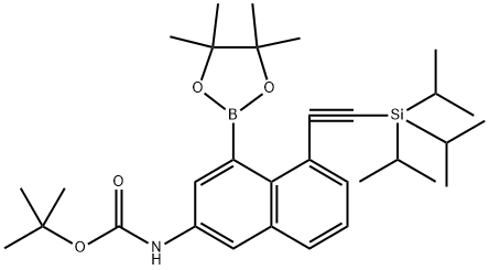 叔丁基(4-(4,4,5,5-四甲基-1,3,2-二氧杂硼烷-2-基)-5-((三异丙基甲硅烷基)乙炔基)萘-2-基)氨基甲酸酯 结构式