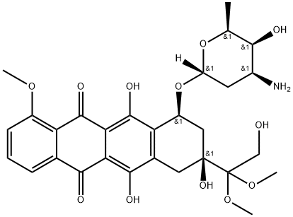 5,12-Naphthacenedione, 10-[(3-amino-2,3,6-trideoxy-α-L-lyxo-hexopyranosyl)oxy]-7,8,9,10-tetrahydro-6,8,11-trihydroxy-8-(2-hydroxy-1,1-dimethoxyethyl)-1-methoxy-, (8S,10S)- Struktur
