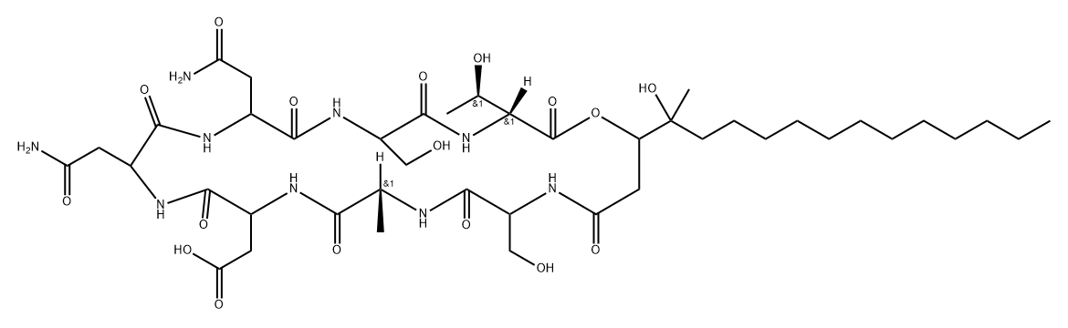 D-Allothreonine, N-(3,4-dihydroxy-4-methyl-1-oxohexadecyl)seryl-D-alanyl-α-aspartylasparaginylasparaginylseryl-, (7→13')-lactone (9CI) Structure