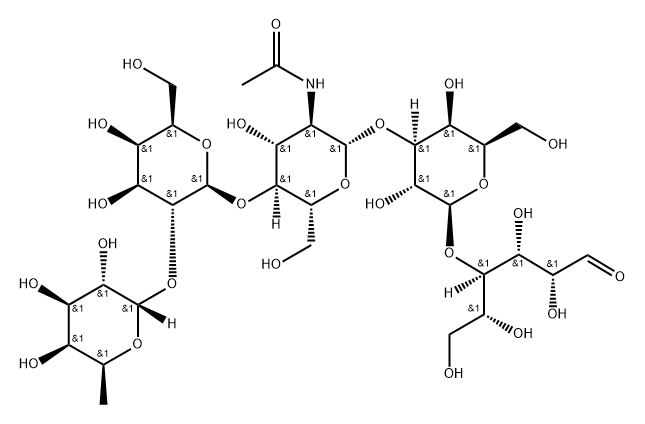O-6-脱氧-ALPHA-L-吡喃半乳糖基-(1-2)-O-BETA-D-吡喃半乳糖基-(1-4)-O-2-(乙酰氨基)-2-脱氧-BETA-D-吡喃葡萄糖基-(1-3)-O-BETA-D-吡喃半乳糖基-(1-4)-D-葡萄糖, 30517-76-1, 结构式