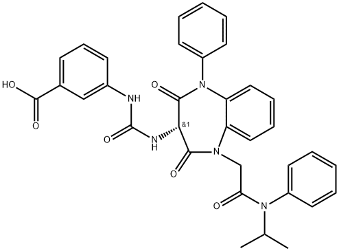3-[3-[1-[2-オキソ-2-(イソプロピルフェニルアミノ)エチル]-2,4-ジオキソ-5-フェニル-2,3,4,5-テトラヒドロ-1H-1,5-ベンゾジアゼピン-3α-イル]ウレイド]安息香酸 化学構造式