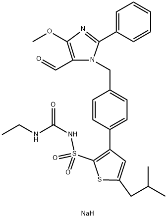 N-[(乙基氨基)羰基]-3-[4-[(5-甲酰基-4-甲氧基-2-苯基-1H-咪唑-1-基)甲基]苯基]-5-异丁基-2-噻吩磺酰胺单钠盐 结构式